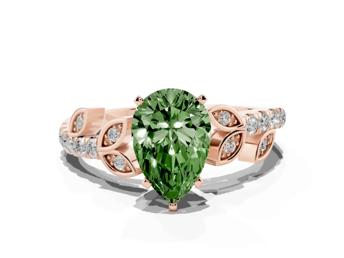Fancy Green Pear Cut Solitaire Leaf-Inspired Diamond Ring with Pavé Band and Four-Prong Setting Rose gold