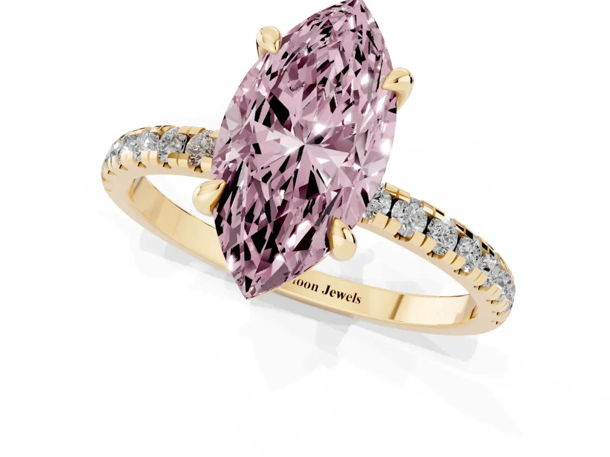 Fancy Pink Marquise Cut Diamond Brilliant Solitaire Ring with Pavé Band and Four-Prong Setting Yellow gold