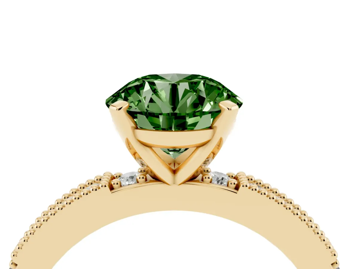 Fancy Green Round Cut Solitaire with Pavé Band and Four-Prong Setting Yellow gold