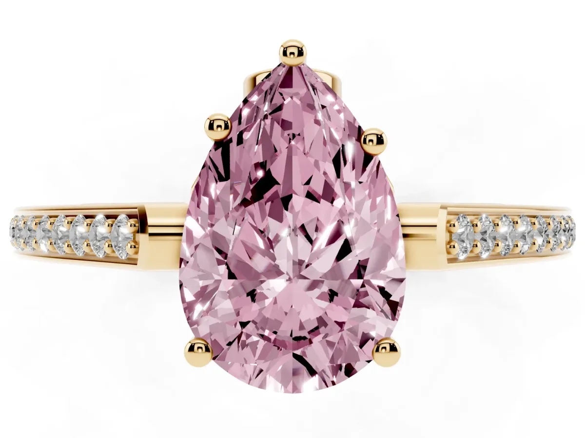 Fancy Pink Pear Cut Cut Cathedral Pave Diamond Engagement Ring with Six-Prong Setting Yellow gold