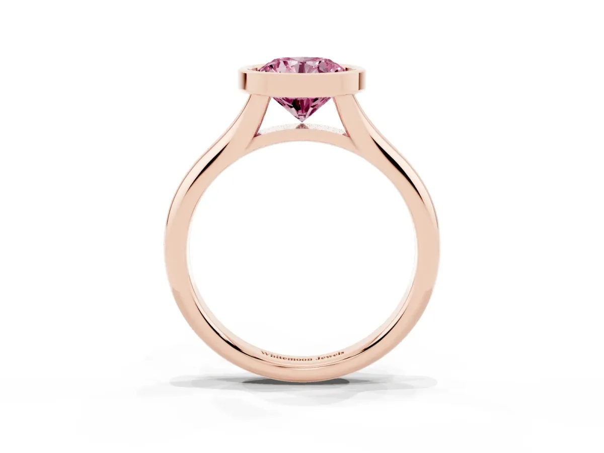 Fancy Pink Bezel Set Round Cut Solitaire Diamond Ring with Smooth Band Rose gold