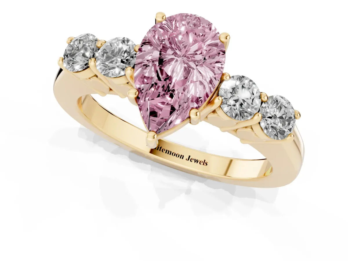 Fancy Pink Pear Cut Cut Diamond Five-Stone Prong Set White Gold Ring Yellow gold