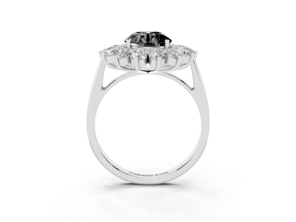 Fancy Black Round Cut Diamond Floral Double Halo Engagement Ring with Prong Setting Platinum