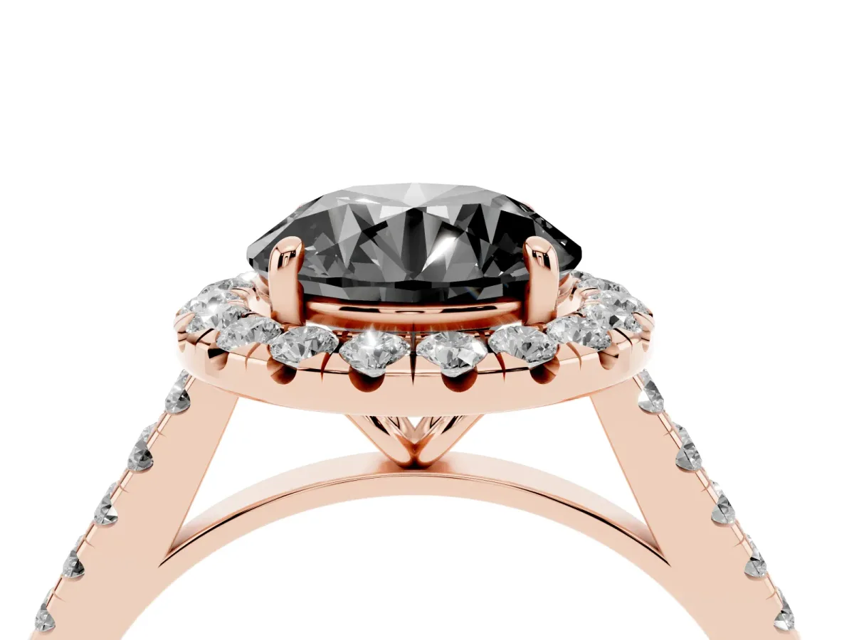 Fancy Black Round Cut Halo Pave Diamond Engagement Ring with Four-Prong Setting Rose gold