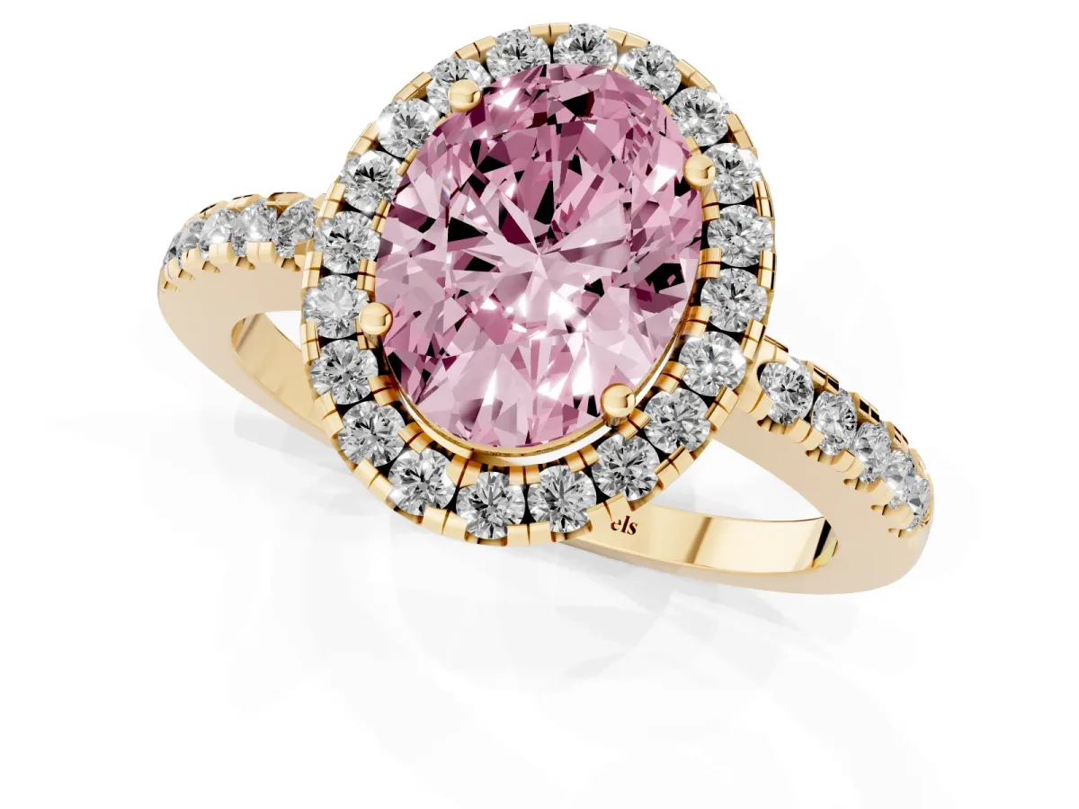 Fancy Pink Oval Cut Halo Diamond Engagement Ring with Pavé Band and Four-Prong Setting Yellow gold