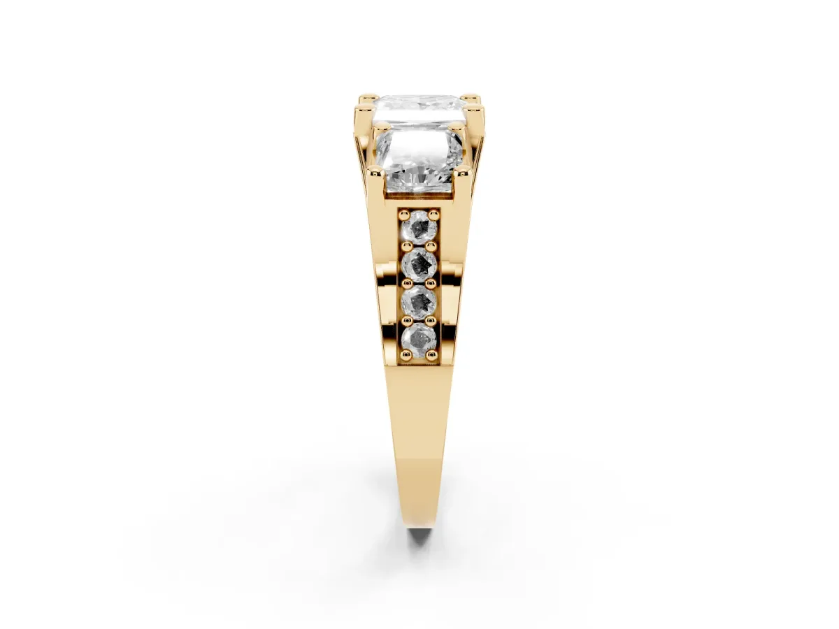 Princess Cut Diamond Three-Stone Ring with Channel Set Band and Four-Prong Setting Yellow gold