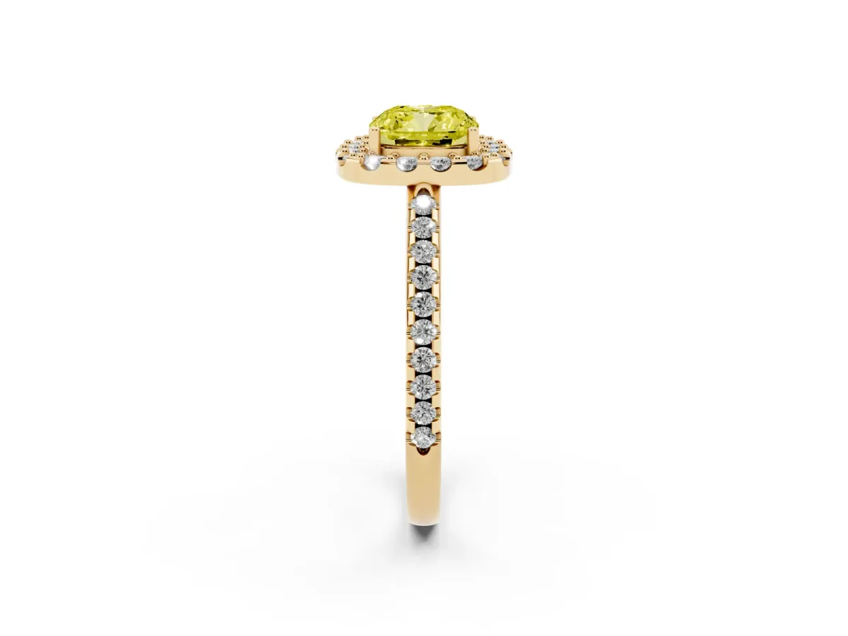 Fancy Yellow Cushion Cut Diamond Pavé Halo Ring with Four-Prong Setting Yellow gold