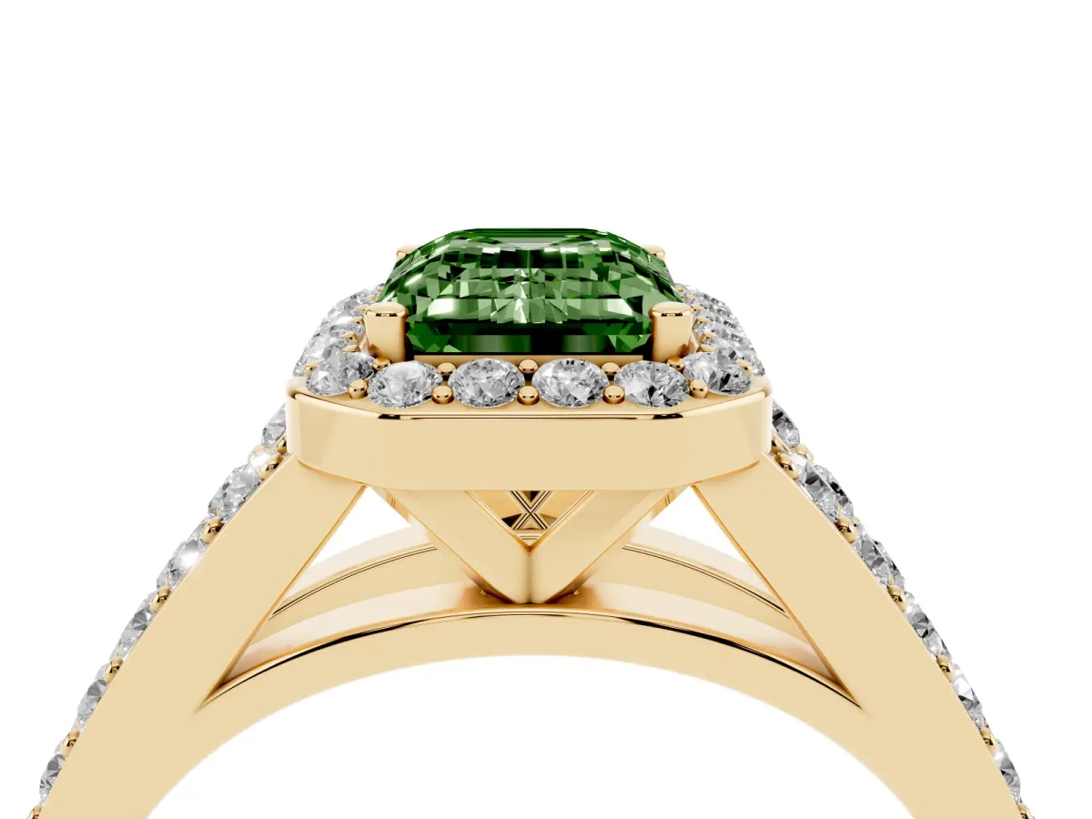 Fancy Green Emerald Cut Diamond Split Shank Halo Ring with Four-Prong Setting Yellow gold