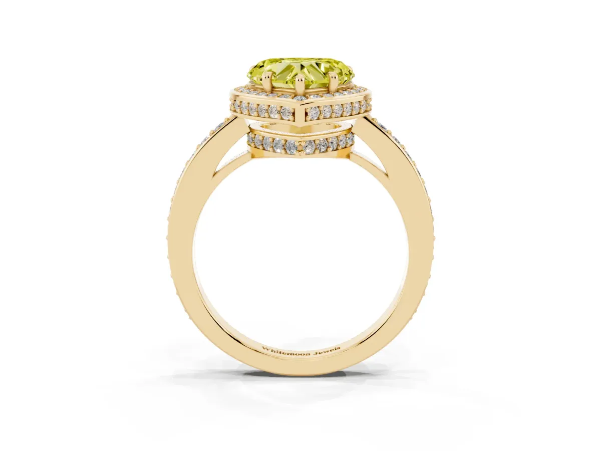 Fancy Yellow Heart Cut Halo Pave Band Solitaire Ring with Prong Setting Yellow gold