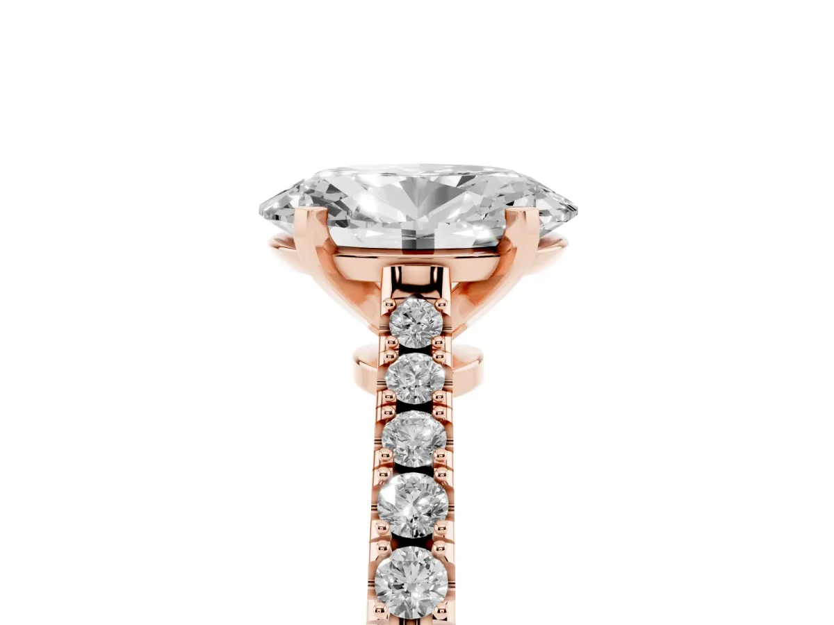 Oval Cut Cut Solitaire Diamond Engagement Ring with Pave Band and Four-Prong Setting Rose gold
