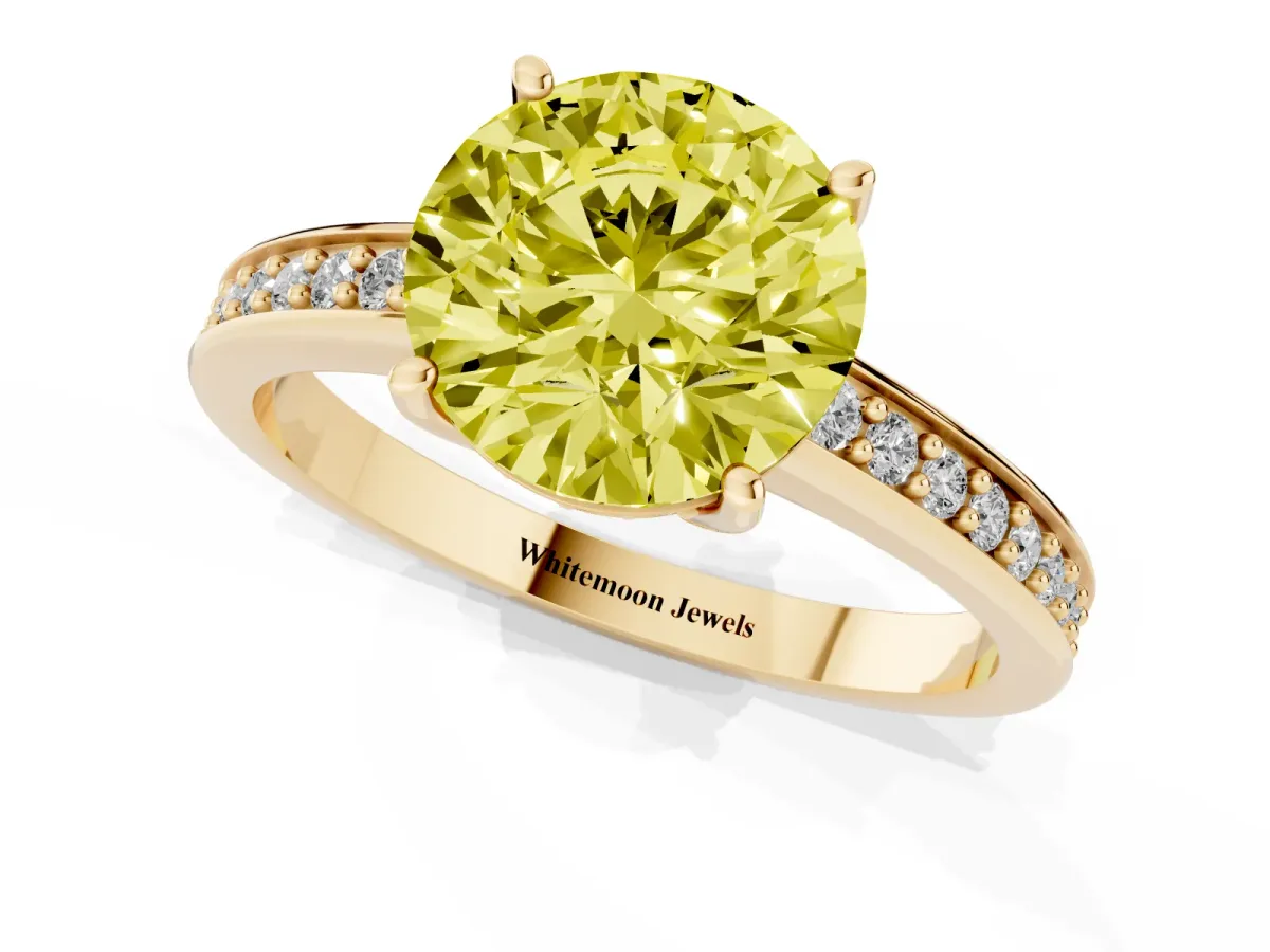 Fancy Yellow Round Cut Solitaire Pavé Band Prong Setting Ring Yellow gold