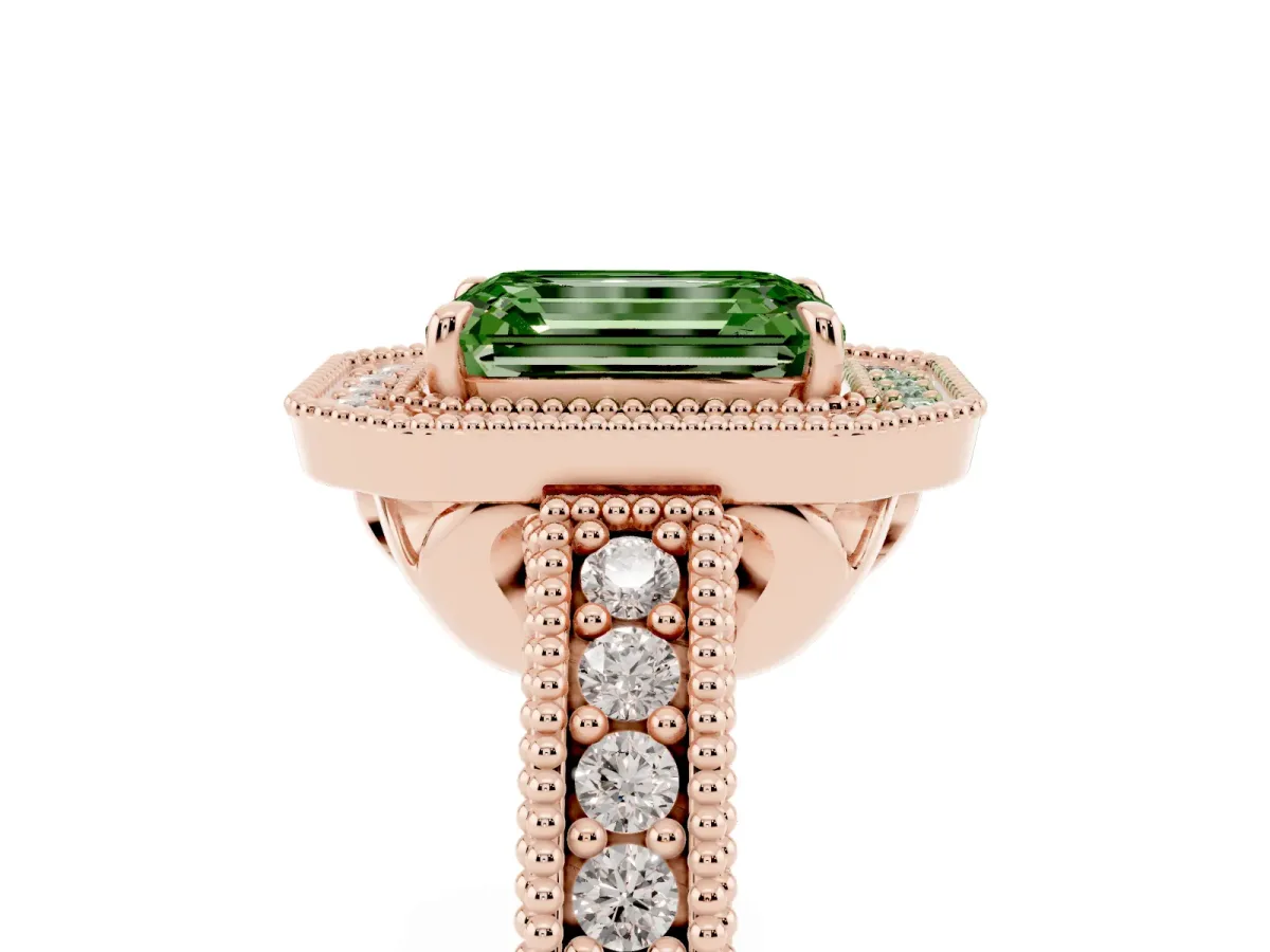 Fancy Green Emerald Cut Cut Halo Diamond Ring with Pavé Band and Four-Prong Setting Rose gold