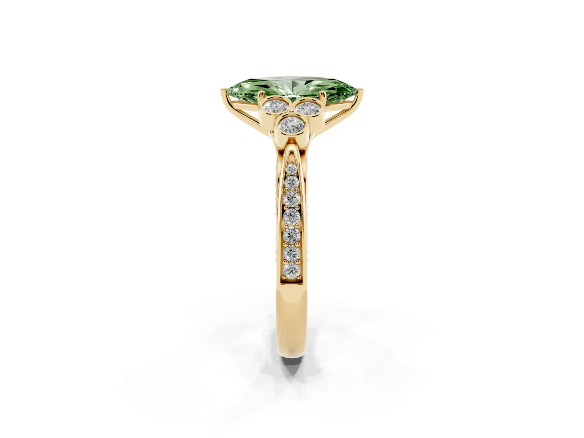 Fancy Green Marquise Cut Cut Diamond Engagement Ring with Bezel Set Round Side Stones and Prong Setting Yellow gold