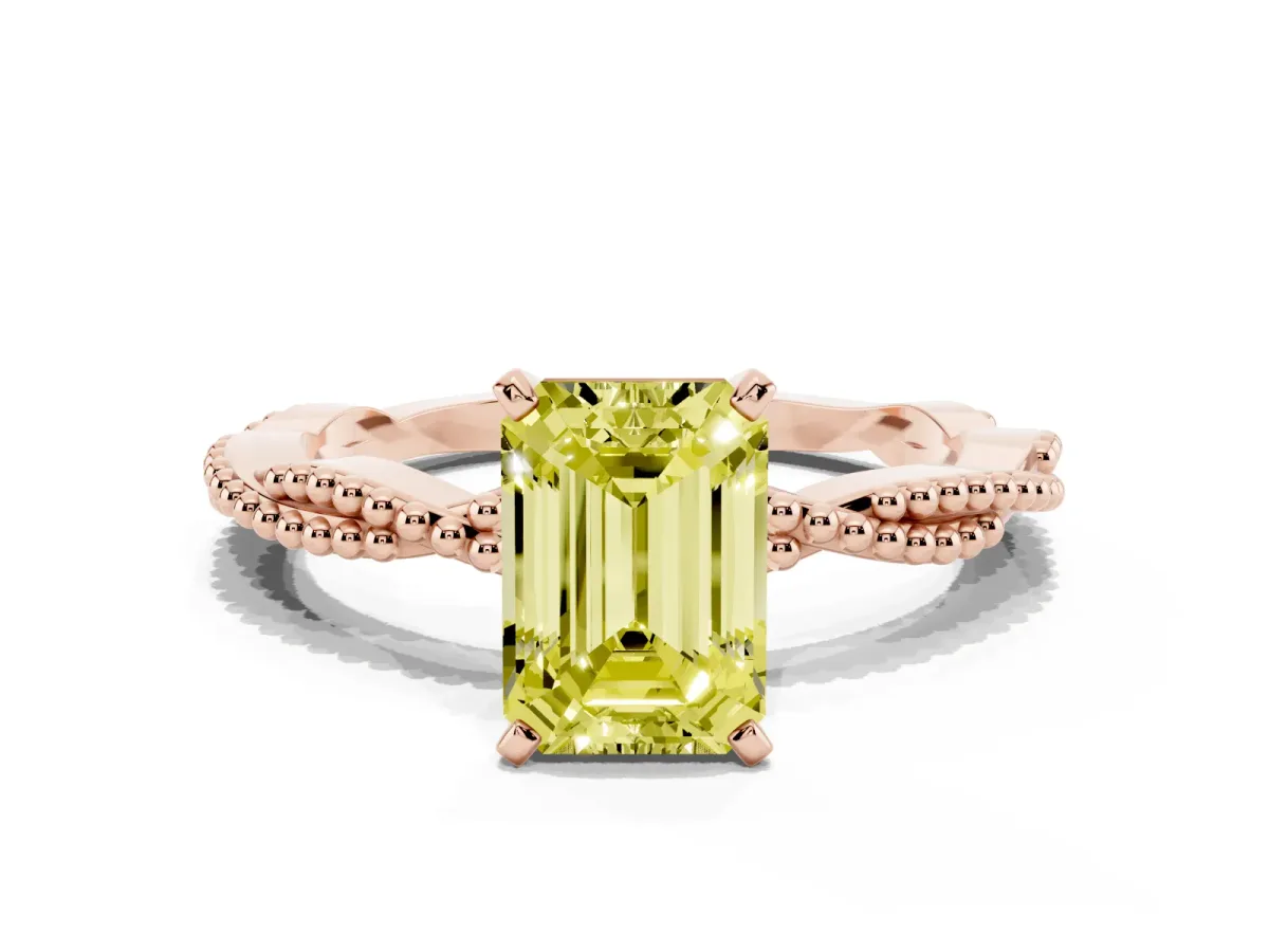 Fancy Yellow Emerald Cut Solitaire Twisted Band with Bead Prong Setting Rose gold