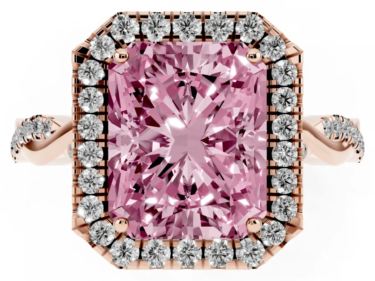 Fancy Pink Radiant Cut Halo Twist Band Solitaire Ring Rose gold