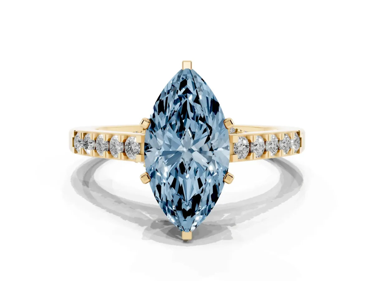 Fancy Blue Marquise Cut Diamond Solitaire Ring with Crossover Gallery and Round Pavé Band Yellow gold
