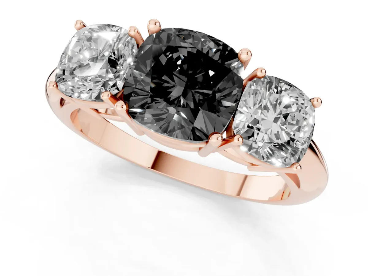 Fancy Black Three-Stone Cushion Cut Cut Diamond Engagement Ring with Prong Setting on a White Gold Band Rose gold