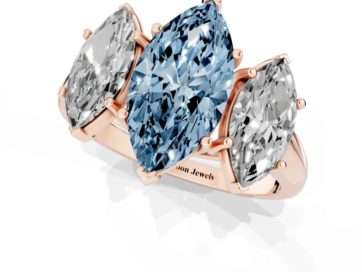 Fancy Blue Three-Stone Marquise Cut Diamond Engagement Ring with Prong Setting Rose gold