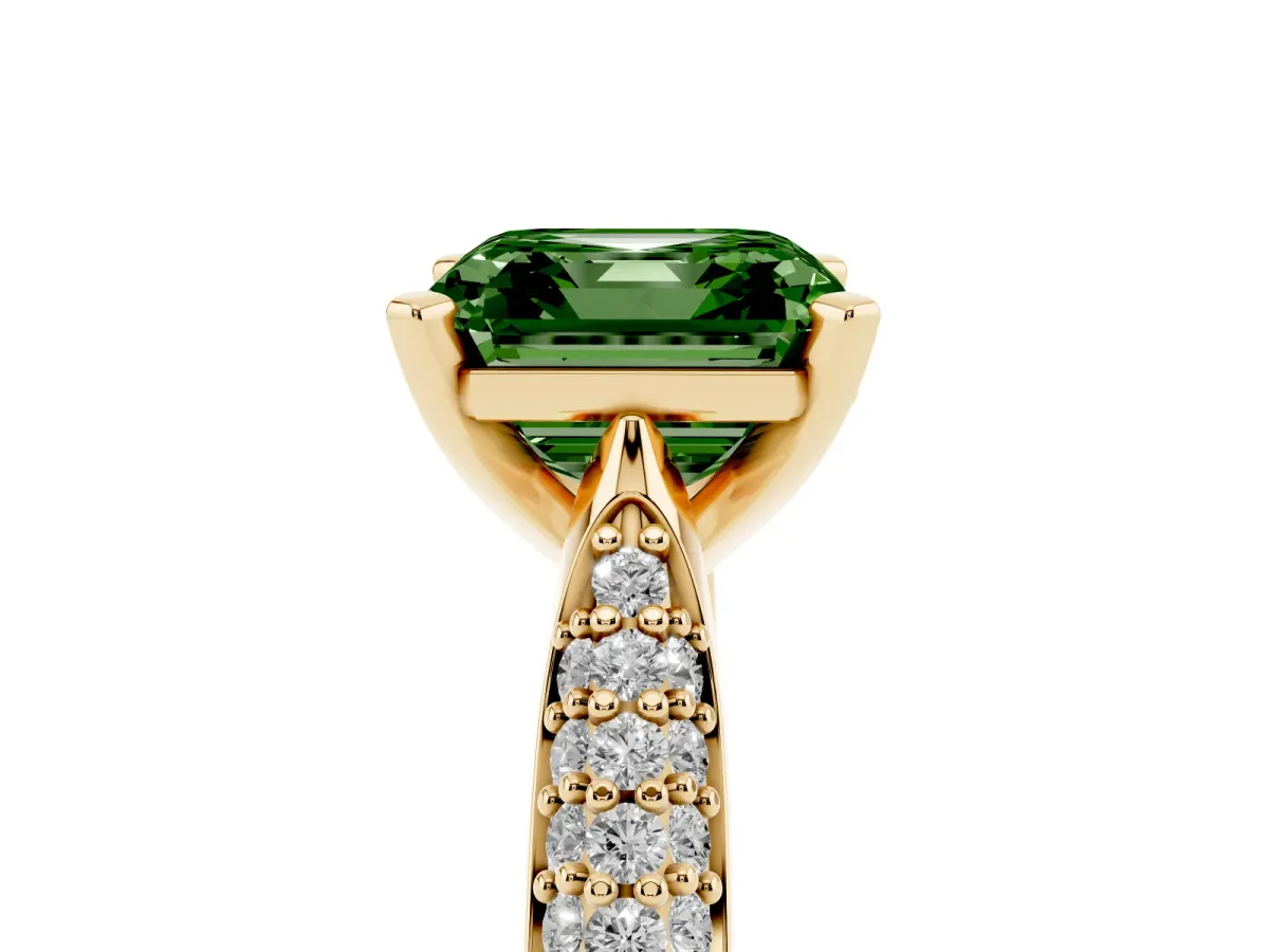 Fancy Green Asscher Cut Diamond Solitaire Engagement Ring with Multi-Row Round Pavé Band and Prong Setting Yellow gold