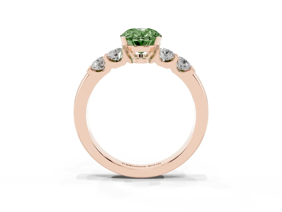 Fancy Green Oval Cut Brilliant Cut Diamond Five-Stone Prong Set Engagement Ring with Channel Band Rose gold