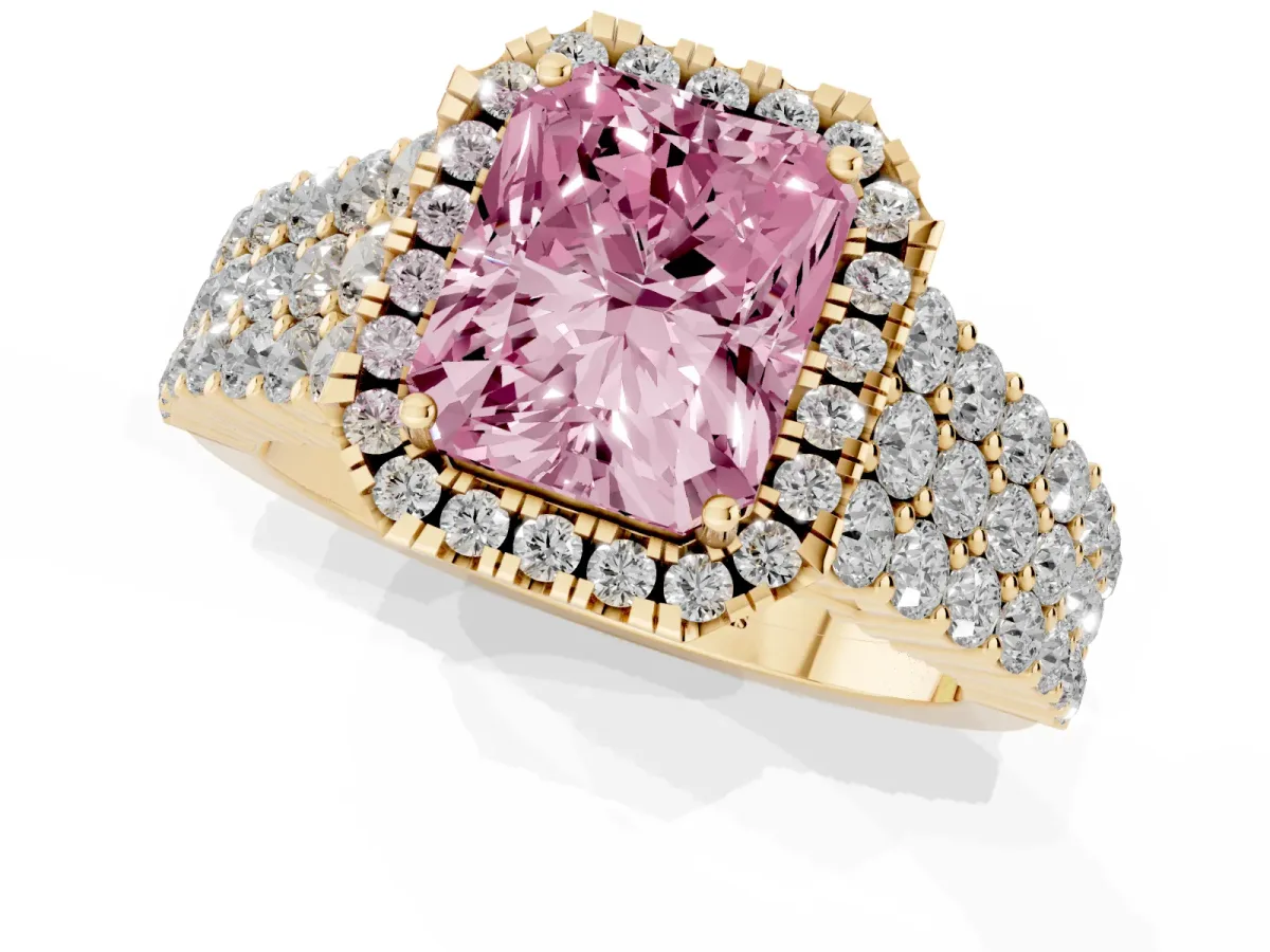 Fancy Pink Radiant Cut Diamond Halo Engagement Ring with Triple Row Round Pavé Band and Prong Setting Yellow gold