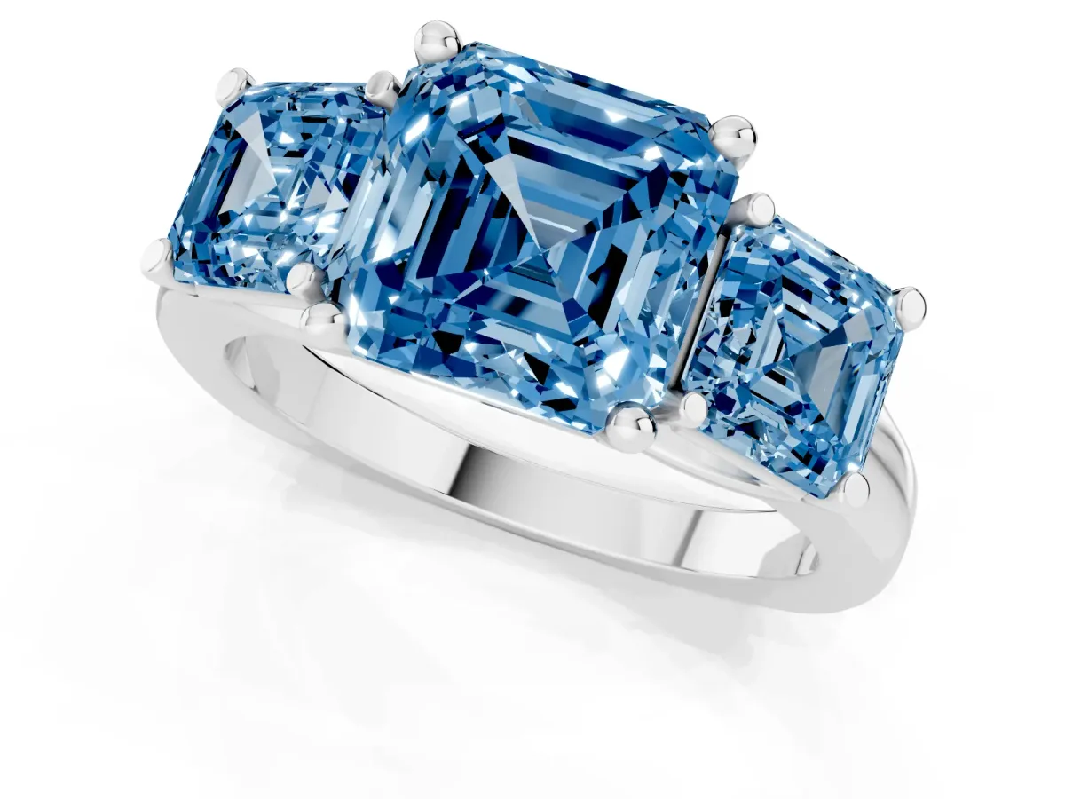 Fancy Blue Three-Stone Asscher Cut Brilliant Diamond Trellis Ring with Comfort Fit Band Silver