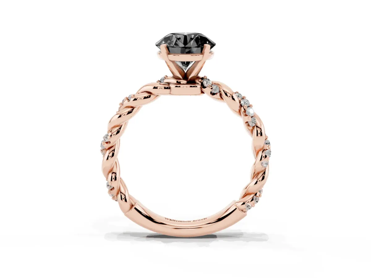 Fancy Black Round Cut Diamond Solitaire Ring with Twisted Band and Pavé Accents Rose gold