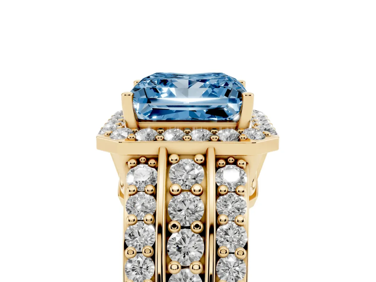Fancy Blue Princess Cut Halo Diamond Ring with Round Split Shank and Prong Setting Yellow gold