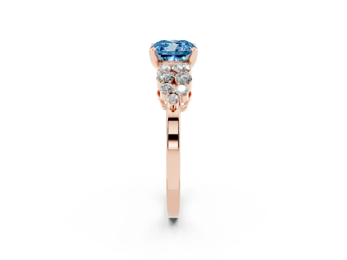 Fancy Blue Cushion Cut Cluster Diamond Engagement Ring with Pavé Band and Four-Prong Setting Rose gold