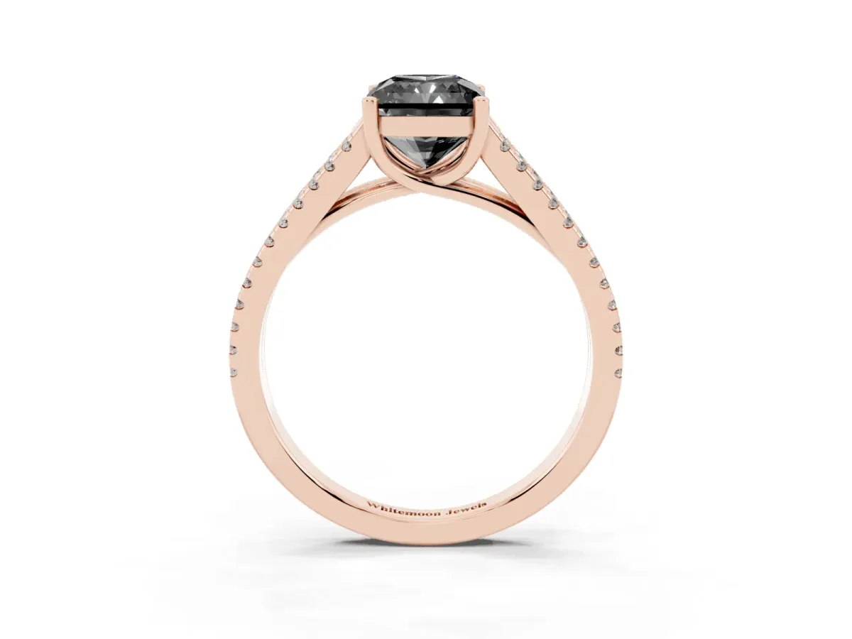 Fancy Black Radiant Cut Diamond Solitaire Engagement Ring with Split Shank Pavé Band Rose gold