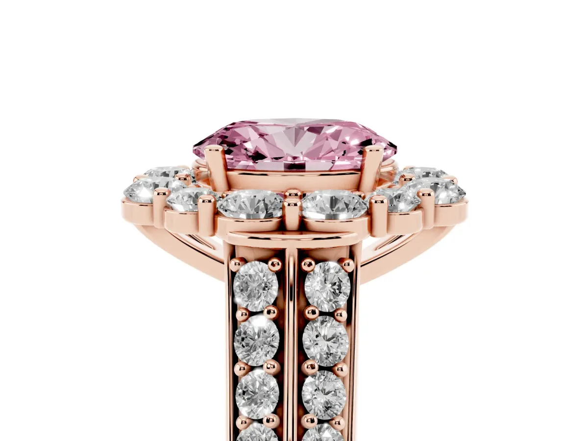 Fancy Pink Oval Cut Halo Diamond Engagement Ring with Split Shank and Prong Setting Rose gold