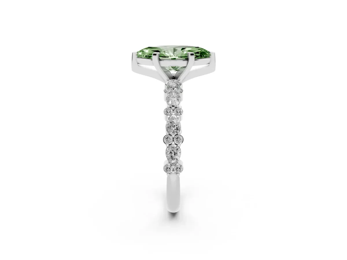Fancy Green Marquise Cut Diamond Side Stone Solitaire Ring with Round and Four-Prong Setting Silver