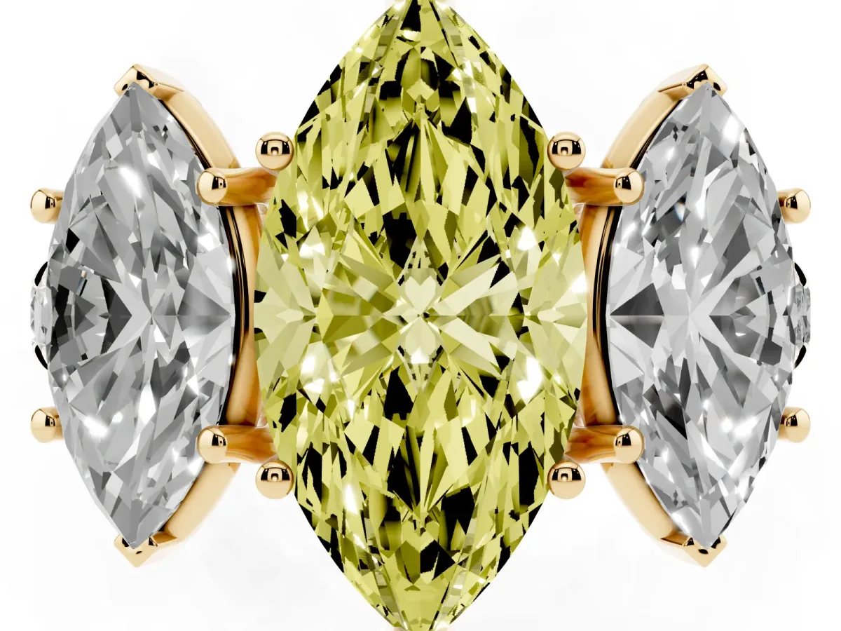 Fancy Yellow Three-Stone Marquise Cut Diamond Pavé Band with Prong Setting Yellow gold