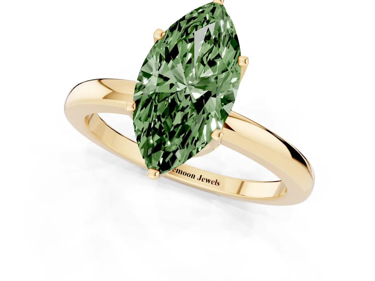 Fancy Green Marquise Cut Solitaire Diamond Ring with Six-Prong Setting on a Classic Band Yellow gold