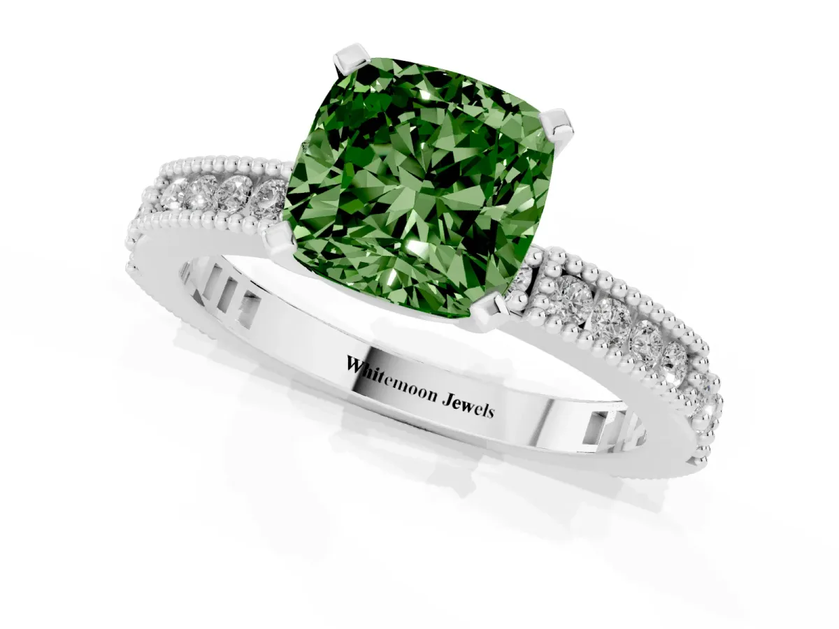 Fancy Green Cushion Cut Solitaire with Pavé Band and Four-Prong Setting Silver