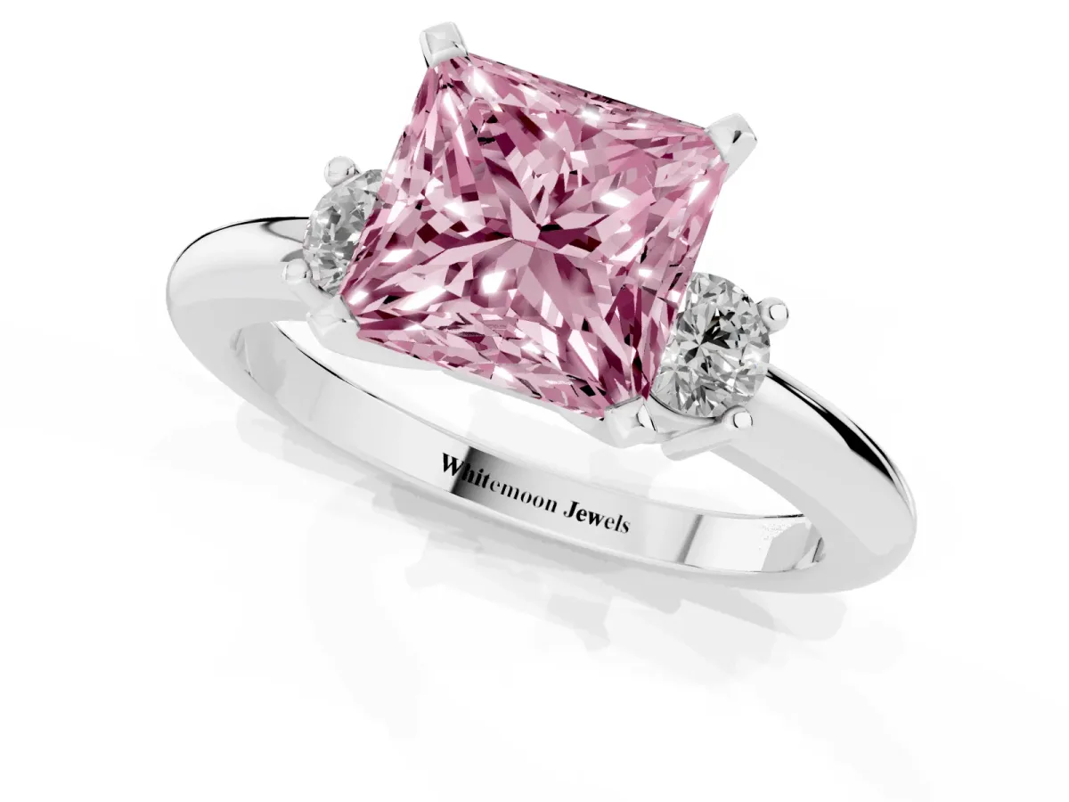 Fancy Pink Three-Stone Princess Cut Cut Diamond Solitaire with Prong Setting and Classic Band Silver