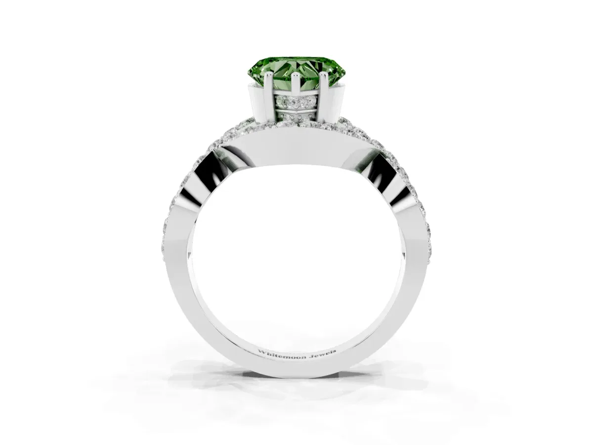 Fancy Green Heart Cut Solitaire Twist Band Pavé Diamond Engagement Ring Silver