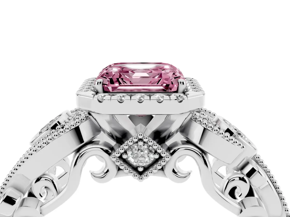 Fancy Pink Asscher Cut Diamond Halo Ring with Milgrain Pavé Band and Four-Prong Setting Platinum