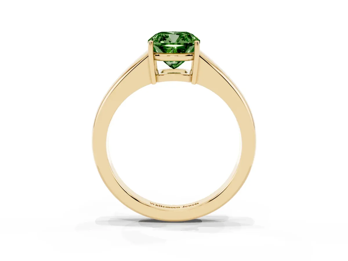 Fancy Green Cushion Cut Solitaire Diamond Ring with Tapered Band and Four-Prong Setting Yellow gold
