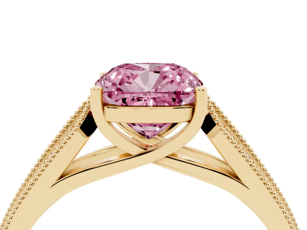 Fancy Pink Cushion Cut Cut Pave Split Shank Engagement Ring with Four-Prong Setting Yellow gold