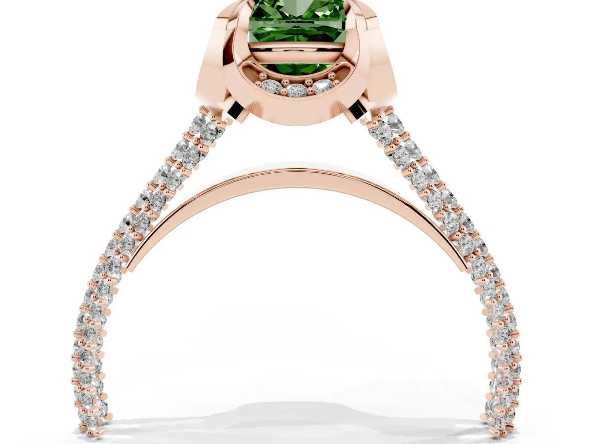 Fancy Green Cushion Cut Solitaire Pave Split Shank Ring with Four-Prong Setting Rose gold