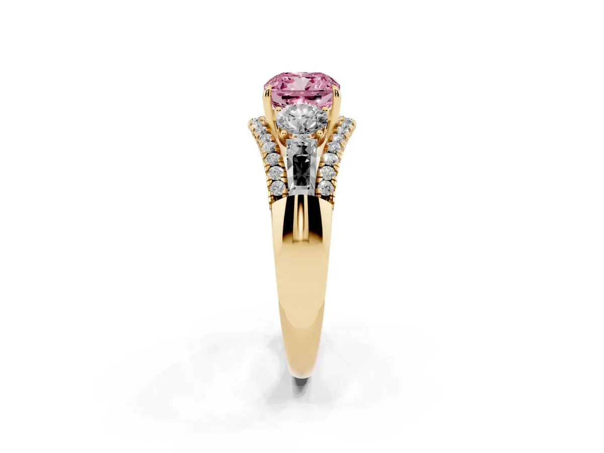 Fancy Pink Three-Stone Cushion Cut Diamond Engagement Ring with Pave Band and Prong Setting Yellow gold