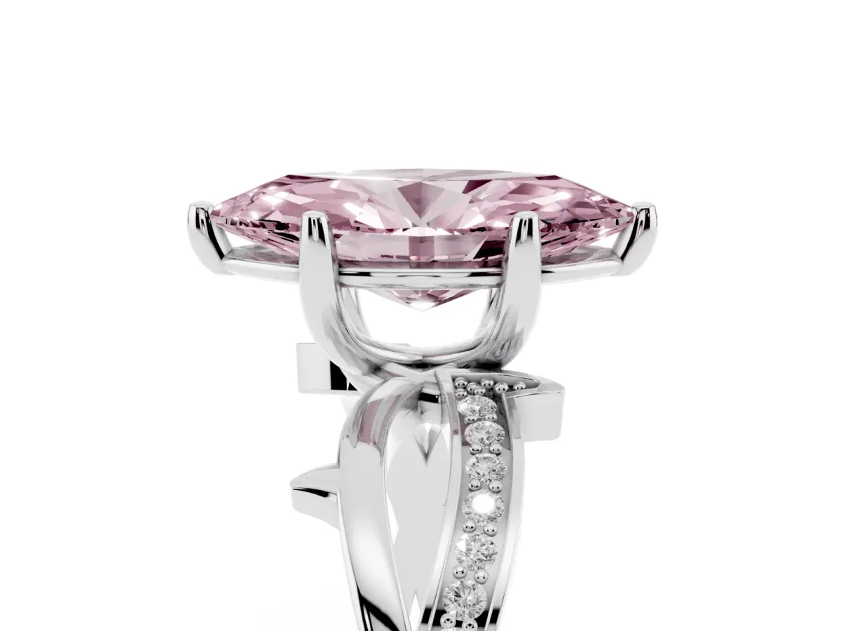 Fancy Pink Marquise Cut Solitaire Twist Band with Pavé Accents and Four-Prong Setting White gold
