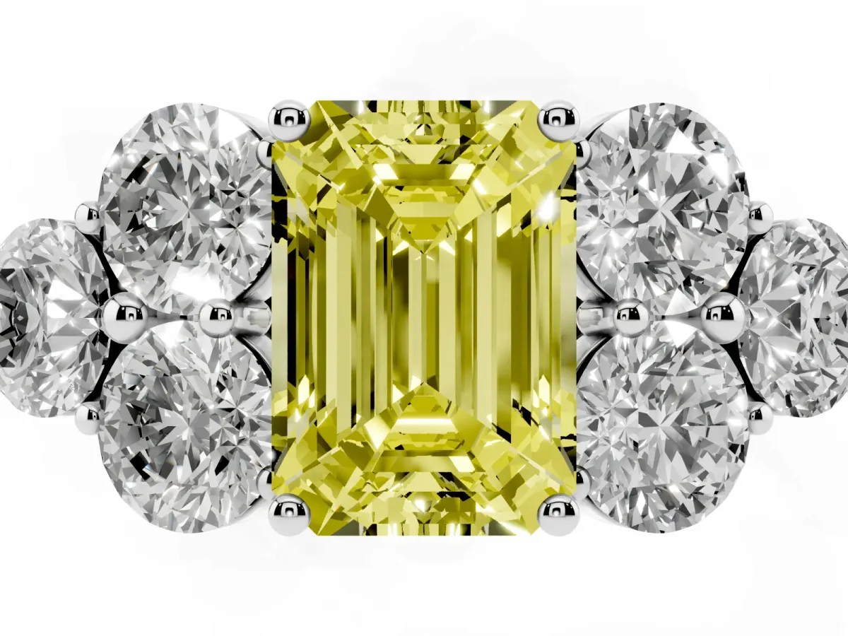 Fancy Yellow Emerald Cut Cut Diamond Cluster Ring with Round Accent Stones and Prong Setting on a Classic Band Silver