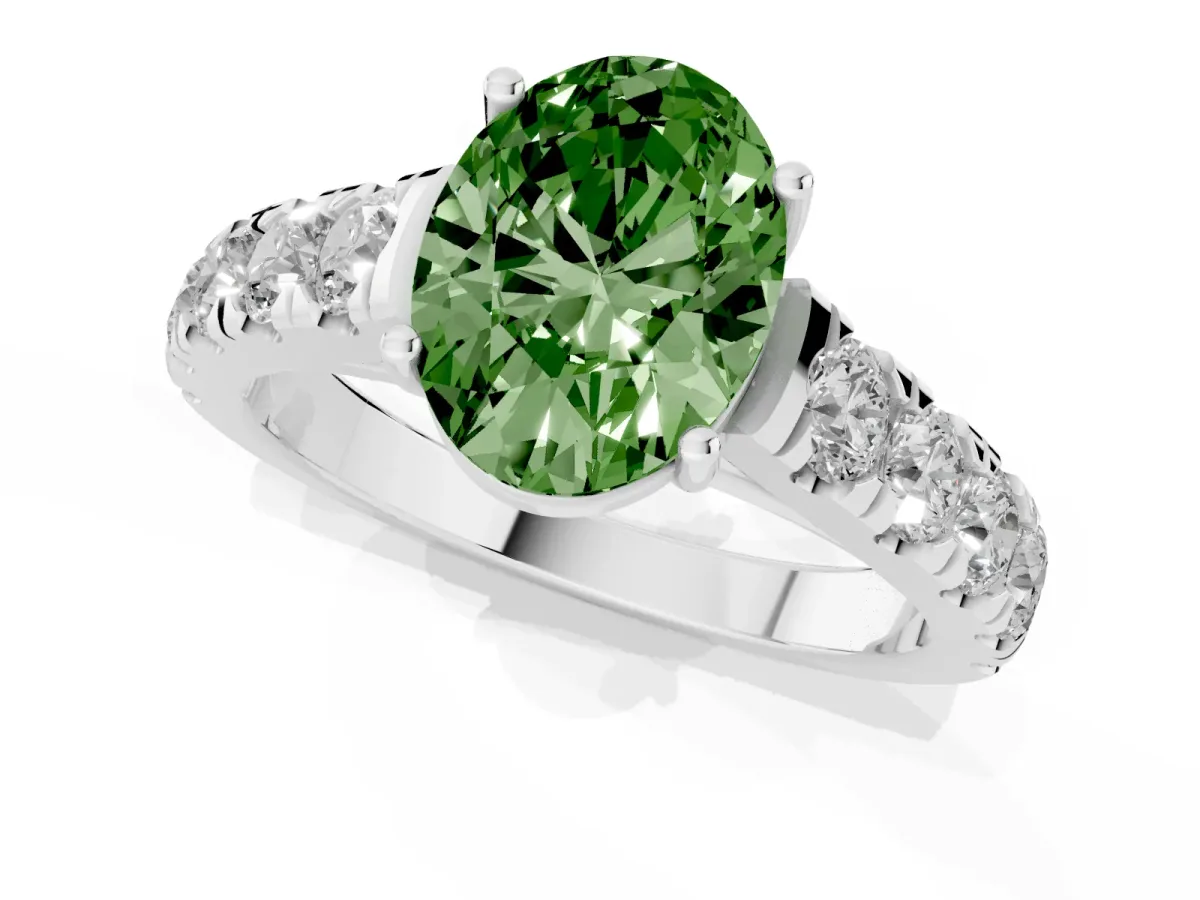 Fancy Green Oval Cut Cut Diamond Solitaire Ring with Micro Pave Band and Prong Setting Platinum