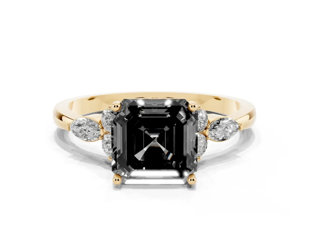 Fancy Black Asscher Cut Brilliant Diamond Solitaire Ring with Pear Side Stones and Four-Prong Setting Yellow gold