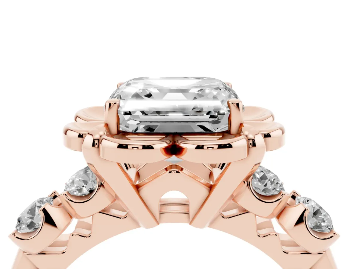 Asscher Cut Cut Diamond Floral Halo Engagement Ring with Shared Prong Setting Rose gold