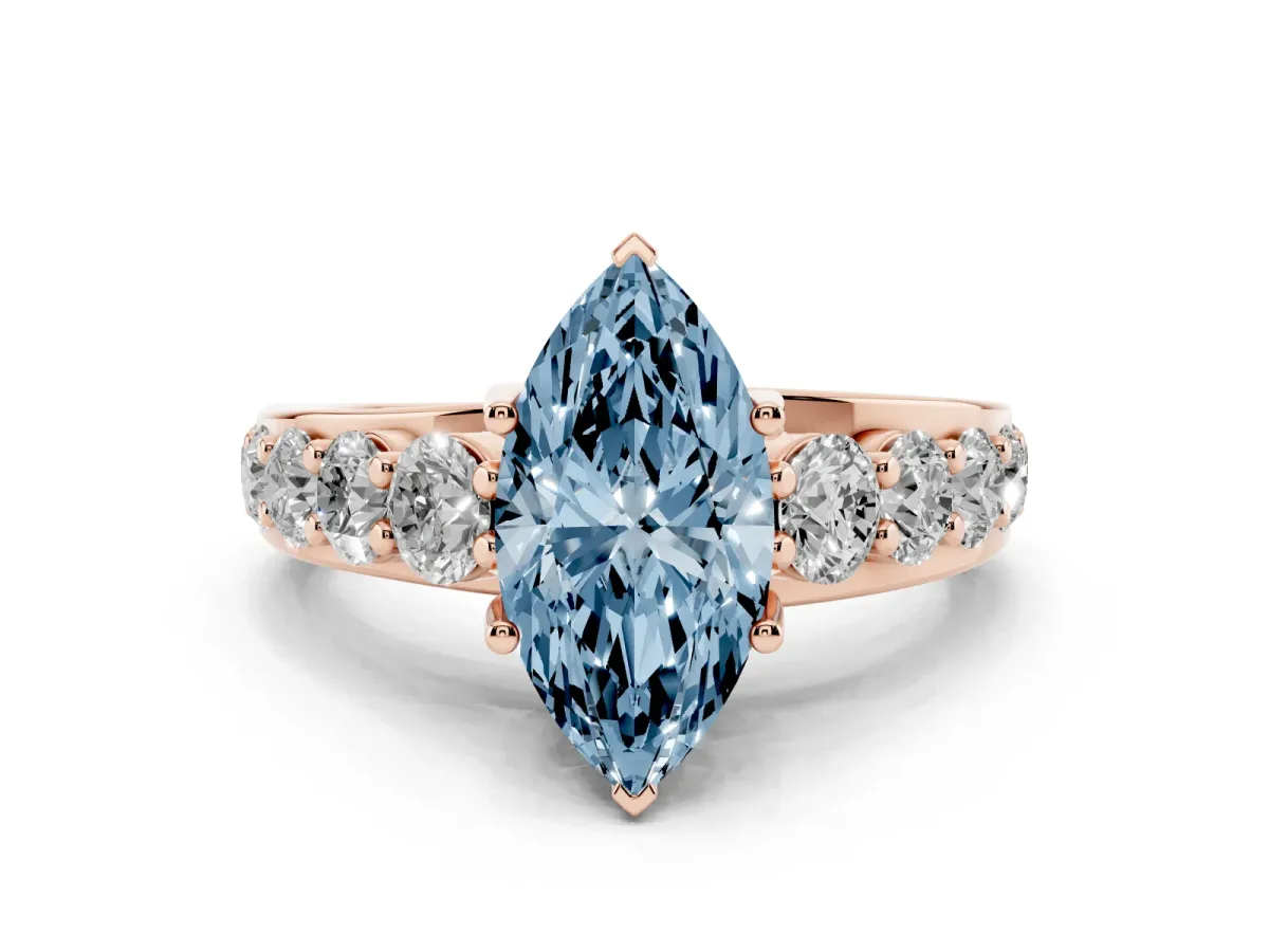 Fancy Blue Marquise Cut Diamond Engagement Ring with Pavé Band and Four-Prong Setting Rose gold