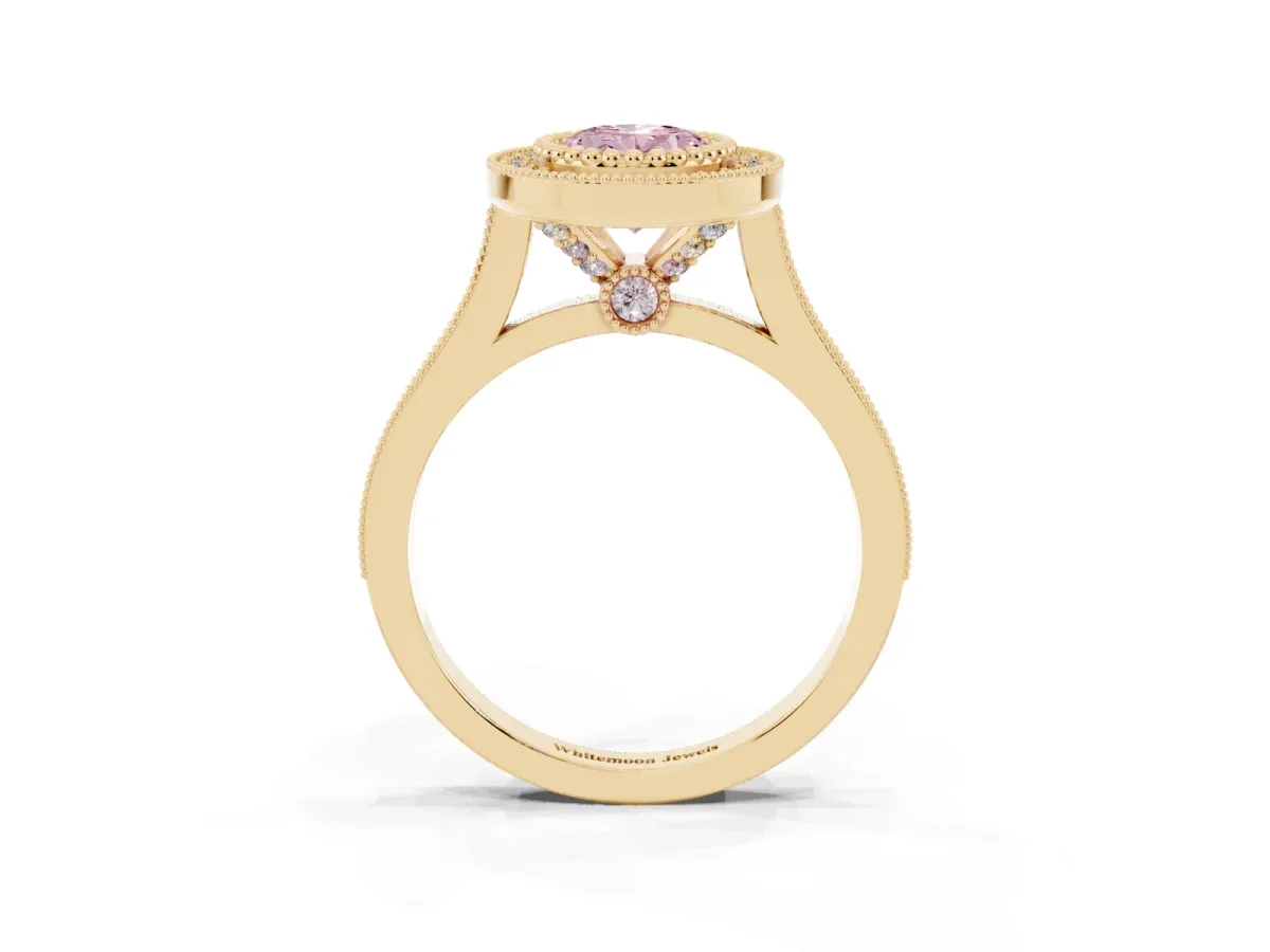 Fancy Pink Oval Cut Diamond Halo Ring with Milgrain Frame and Pavé Band Yellow gold