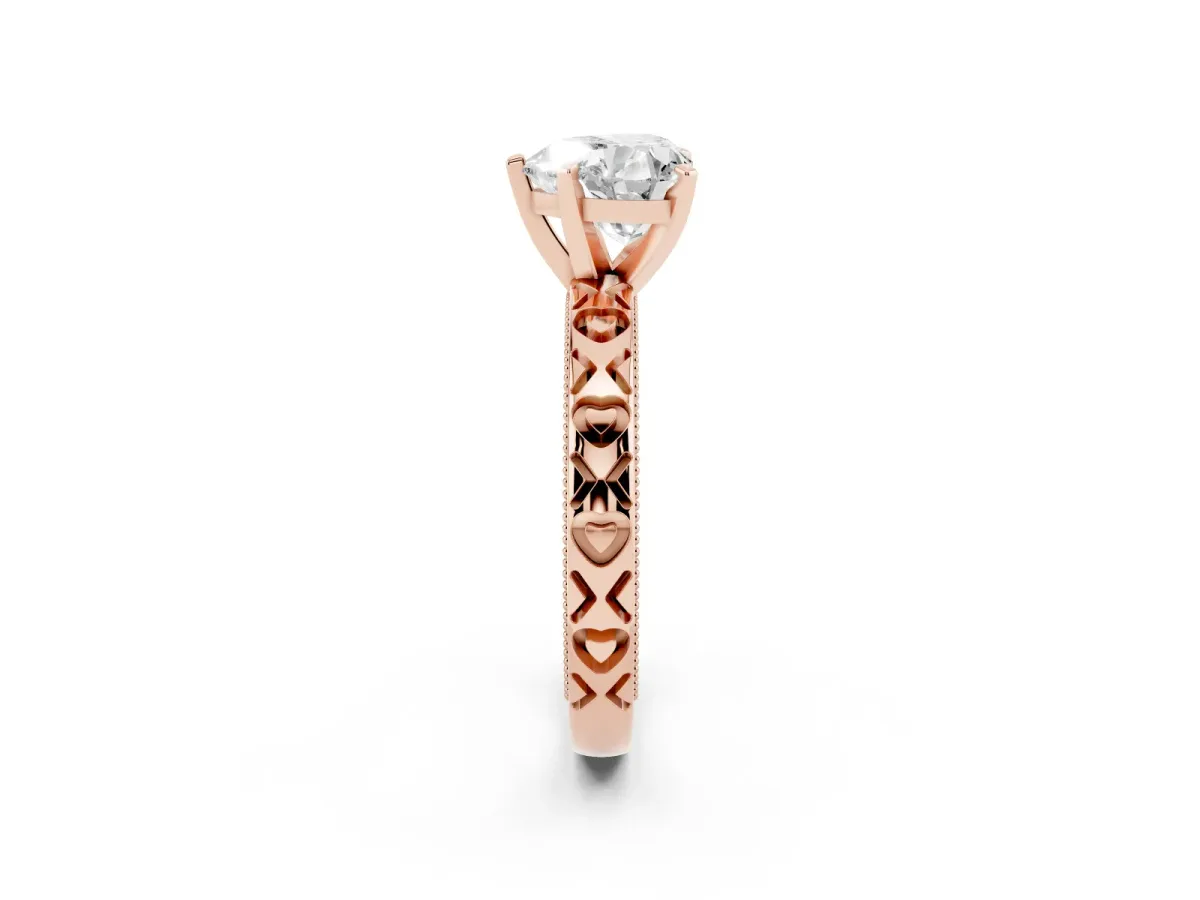 Heart Cut Solitaire Diamond Engagement Ring with XO Engraved Band and Four-Prong Setting Rose gold